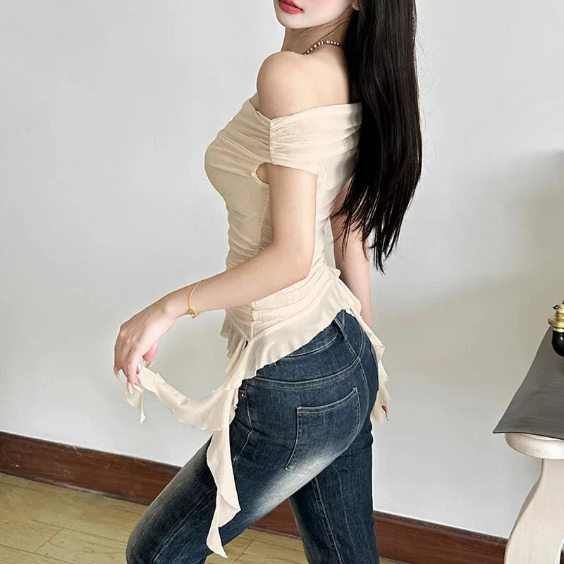 kawaiies-softtoys-plushies-kawaii-plush-Yellow Biege Floral Off-Shoulder Ruffle Long Tassels Top Apparel