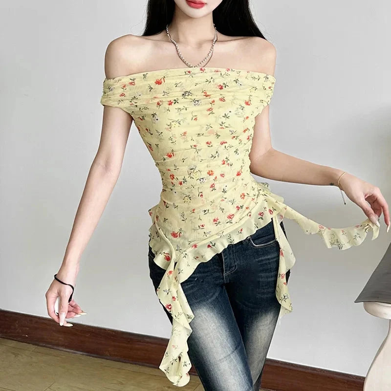 kawaiies-softtoys-plushies-kawaii-plush-Yellow Biege Floral Off-Shoulder Ruffle Long Tassels Top Apparel Yellow S