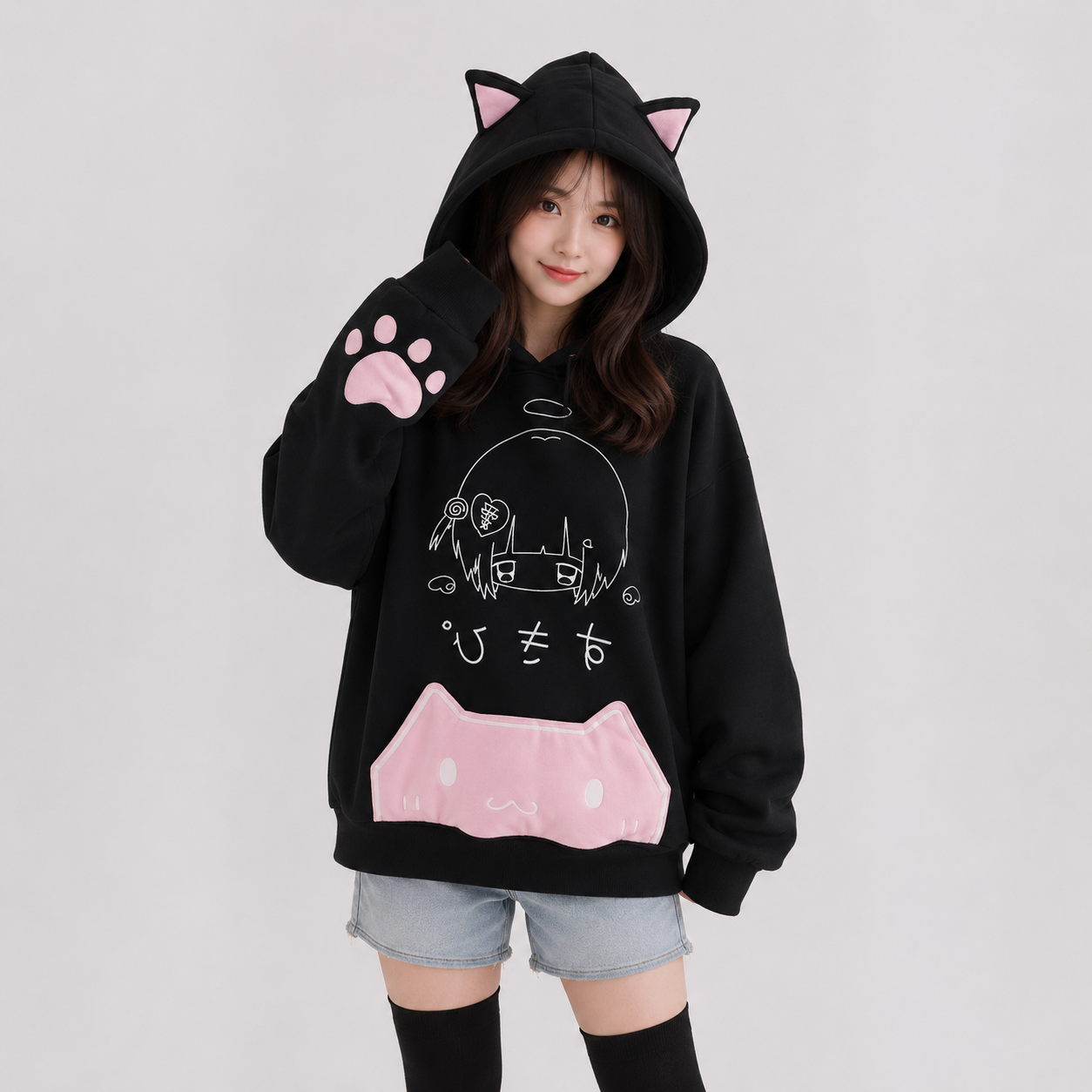 Japanese Harajuku Gothic Cat Black Pink Hoodie