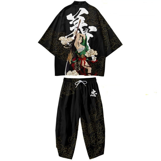 Black Japanese Female Fighter Mens Two-Piece Kimono Yukata Top & Pants Sets - Kawaiies - Adorable - Cute - Plushies - Plush - Kawaii