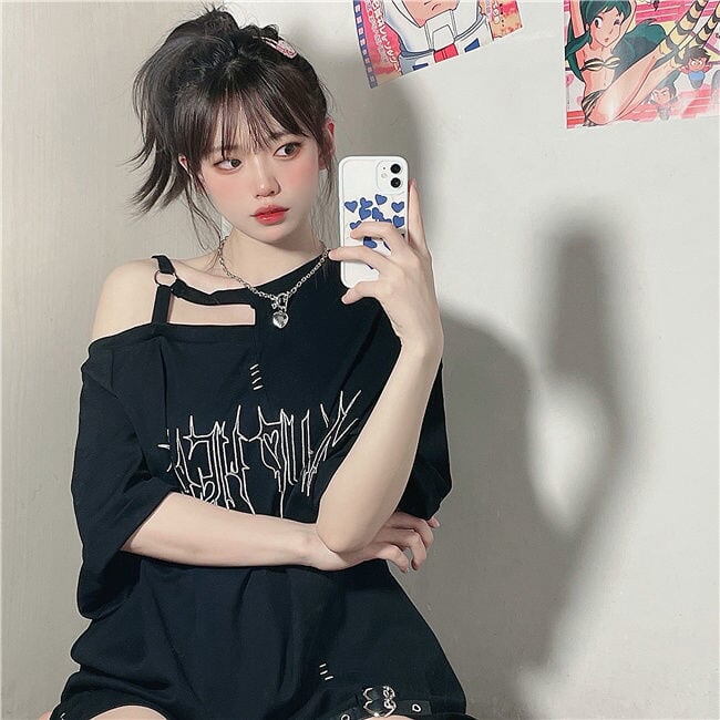 Black 'Make Up Heart' Punk Women's Oversized Tee - Kawaiies - Adorable - Cute - Plushies - Plush - Kawaii