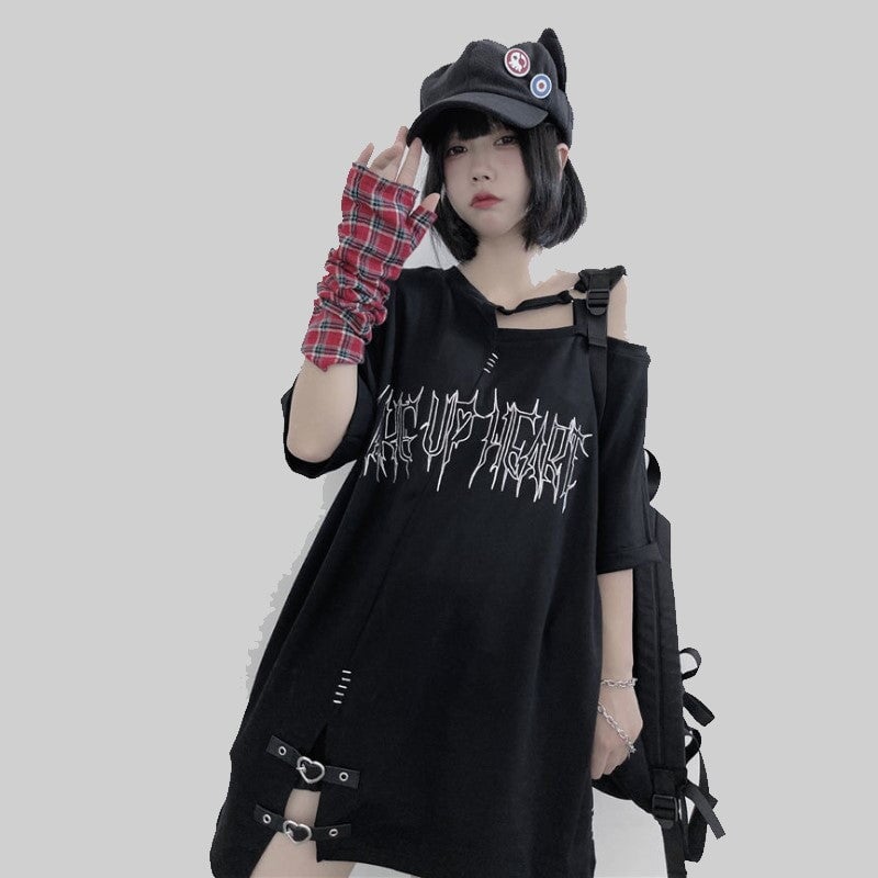 Black 'Make Up Heart' Punk Women's Oversized Tee - Kawaiies - Adorable - Cute - Plushies - Plush - Kawaii