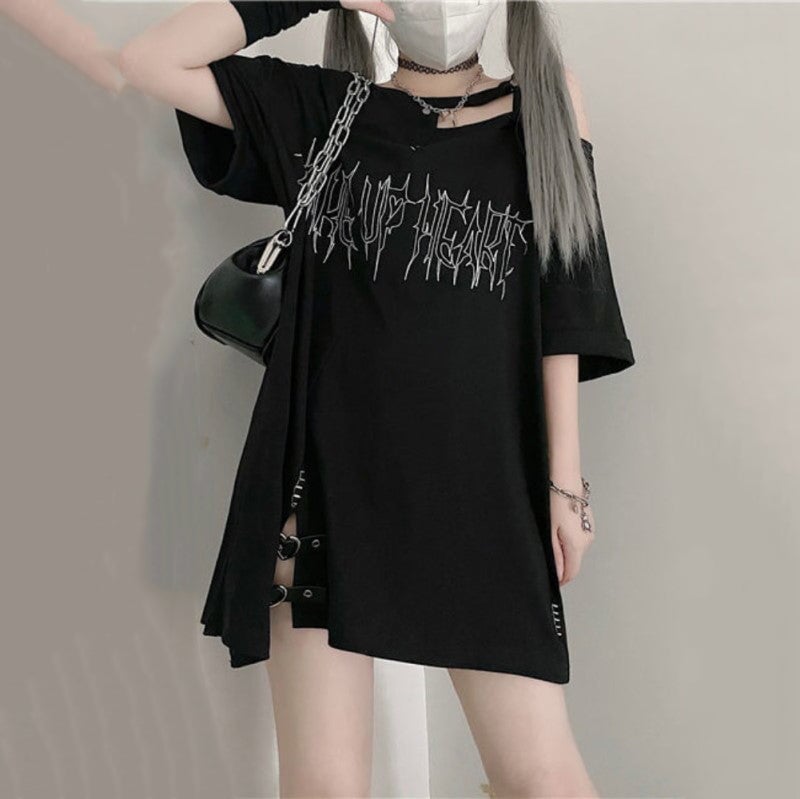 Black 'Make Up Heart' Punk Women's Oversized Tee - Kawaiies - Adorable - Cute - Plushies - Plush - Kawaii