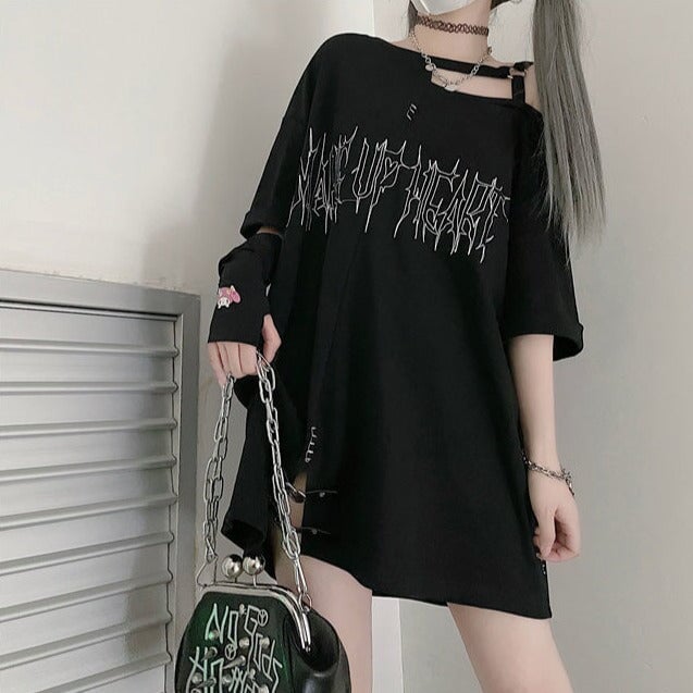 Black 'Make Up Heart' Punk Women's Oversized Tee - Kawaiies - Adorable - Cute - Plushies - Plush - Kawaii