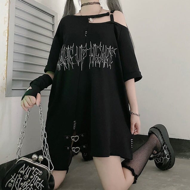 Black 'Make Up Heart' Punk Women's Oversized Tee - Kawaiies - Adorable - Cute - Plushies - Plush - Kawaii