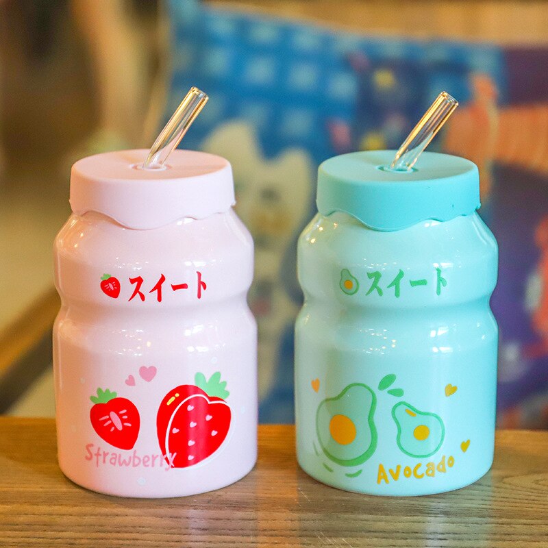 Cute Cartoon Fruit Friends Ceramic Cup with Straw - Kawaiies - Adorable - Cute - Plushies - Plush - Kawaii