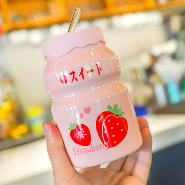 Cute Cartoon Fruit Friends Ceramic Cup with Straw - Kawaiies - Adorable - Cute - Plushies - Plush - Kawaii