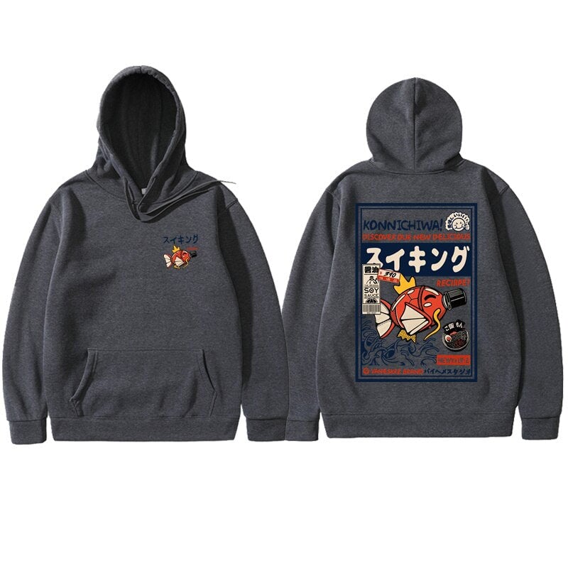 kawaiies-softtoys-plushies-kawaii-plush-Harajuku Japanese Fish Konnichiwa Poster Unisex Hoodie | NEW Apparel Dark Gray S
