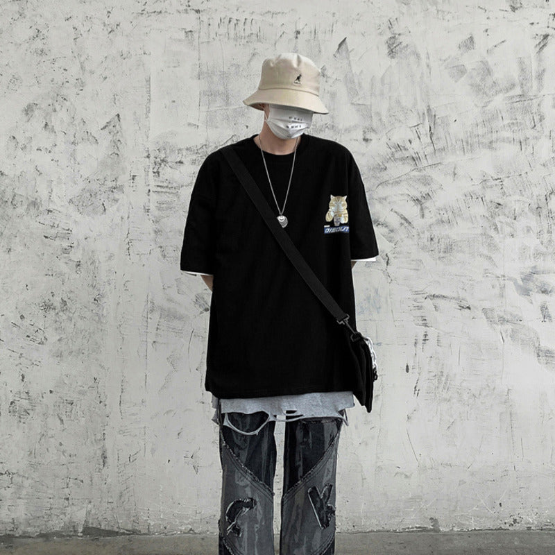 Japanese Cartoon Cat Ramen Oversized Men's Tee Top - Kawaiies - Adorable - Cute - Plushies - Plush - Kawaii