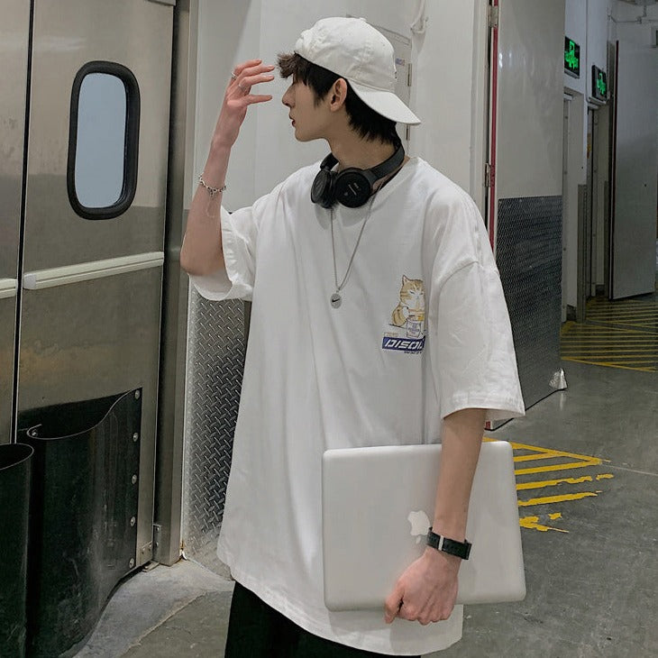 Japanese Cartoon Cat Ramen Oversized Men's Tee Top - Kawaiies - Adorable - Cute - Plushies - Plush - Kawaii