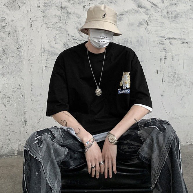 Japanese Cartoon Cat Ramen Oversized Men's Tee Top - Kawaiies - Adorable - Cute - Plushies - Plush - Kawaii