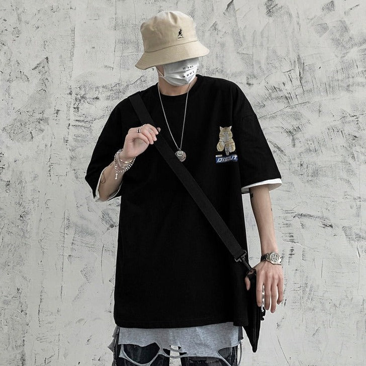 Japanese Cartoon Cat Ramen Oversized Men's Tee Top - Kawaiies - Adorable - Cute - Plushies - Plush - Kawaii