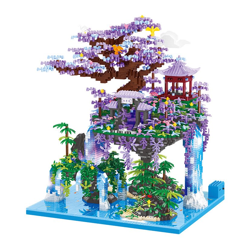 Japanese Purple Sakura Tree Temple Waterfall Nano Building Blocks - Limited Stock - Kawaiies - Adorable - Cute - Plushies - Plush - Kawaii