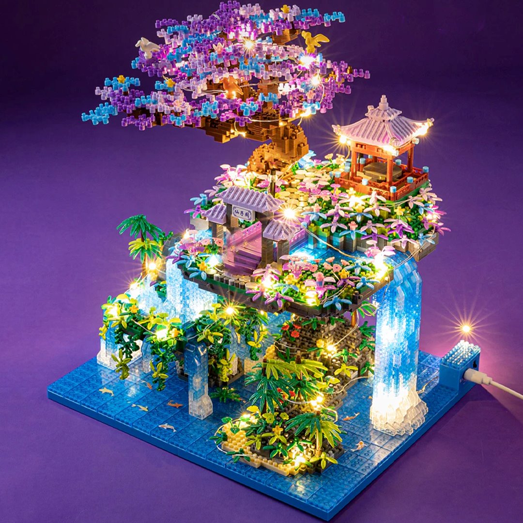 Japanese Purple Sakura Tree Temple Waterfall Nano Building Blocks - Limited Stock - Kawaiies - Adorable - Cute - Plushies - Plush - Kawaii
