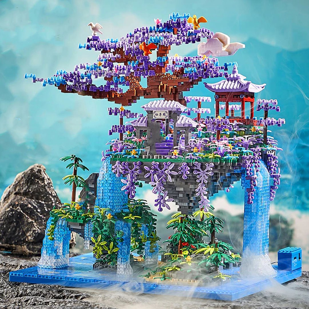 Japanese Purple Sakura Tree Temple Waterfall Nano Building Blocks - Limited Stock - Kawaiies - Adorable - Cute - Plushies - Plush - Kawaii