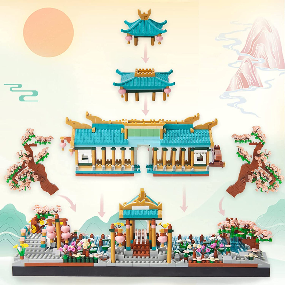 Japanese Sakura Palace Shrine Nano Building Blocks Kawaiies
