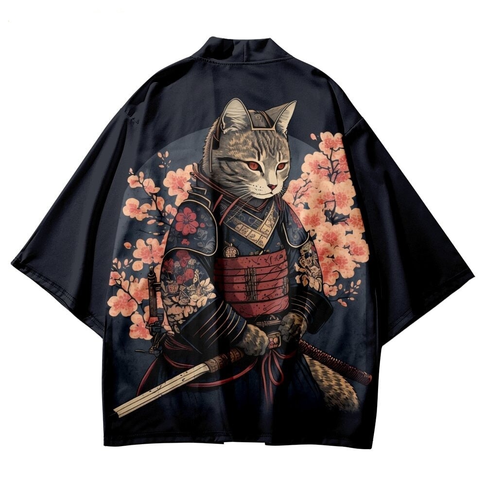 kawaiies-softtoys-plushies-kawaii-plush-Japanese-themed Sakura Samurai Cat Print Unisex Kimono | NEW Apparel
