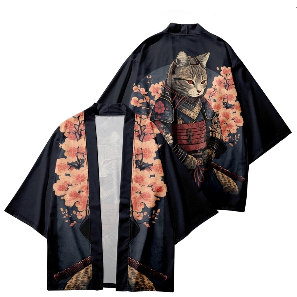 kawaiies-softtoys-plushies-kawaii-plush-Japanese-themed Sakura Samurai Cat Print Unisex Kimono | NEW Apparel S