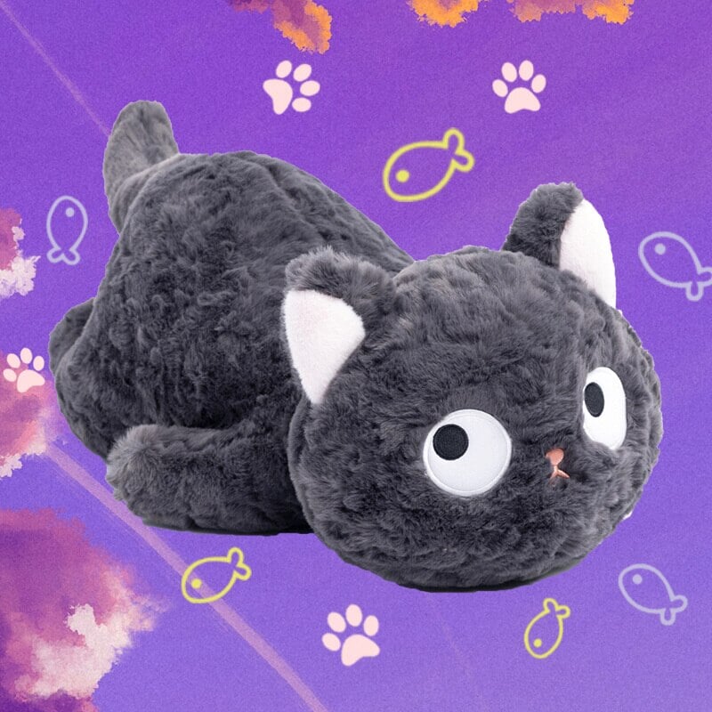 Jiji the Fluffy Black Cat Plushie Laying Down | NEW - Kawaiies - Adorable - Cute - Plushies - Plush - Kawaii