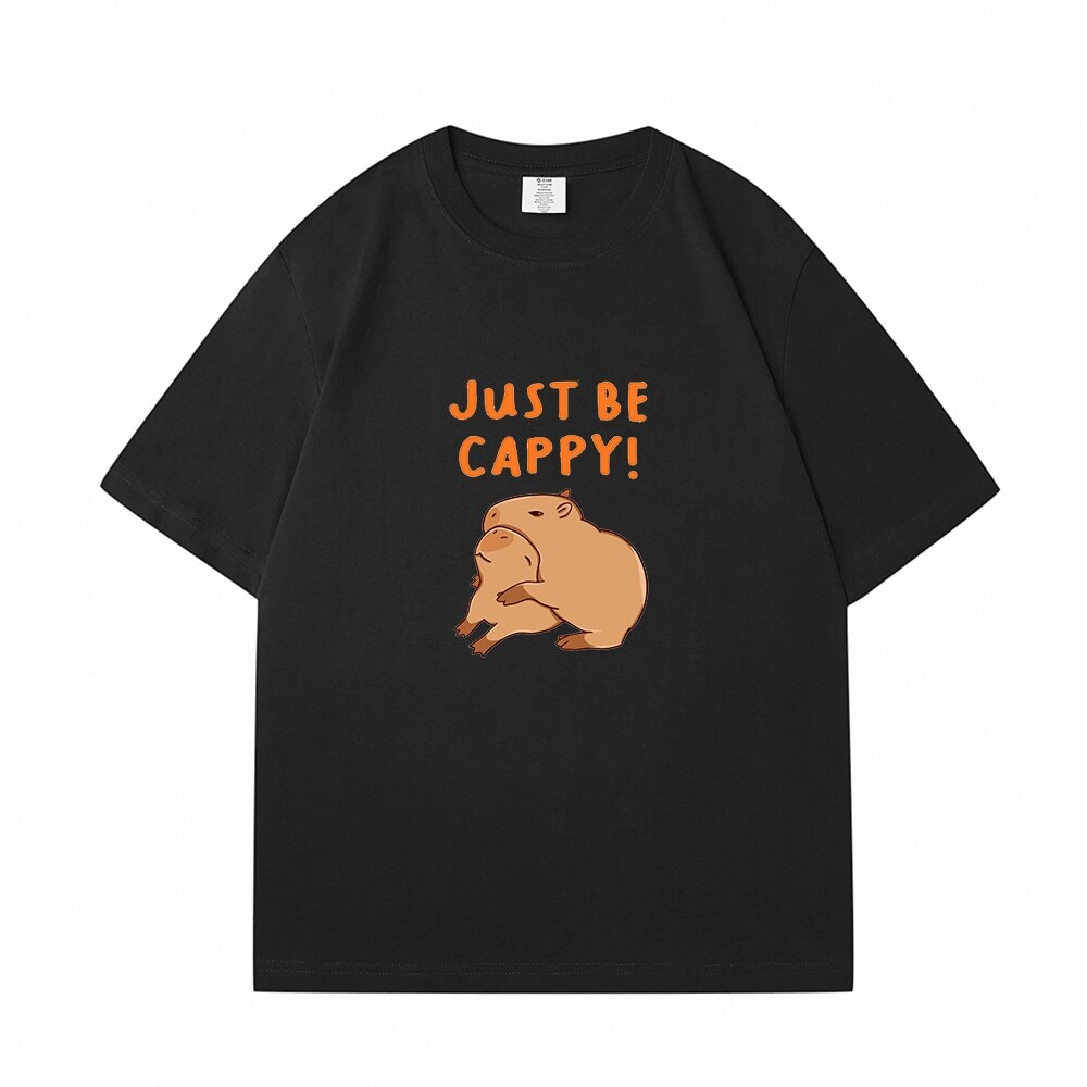 kawaiies-softtoys-plushies-kawaii-plush-Kawaii Two Capybara 'Just Be Cappy!' Unisex Cotton Tee Top | NEW Apparel Black S