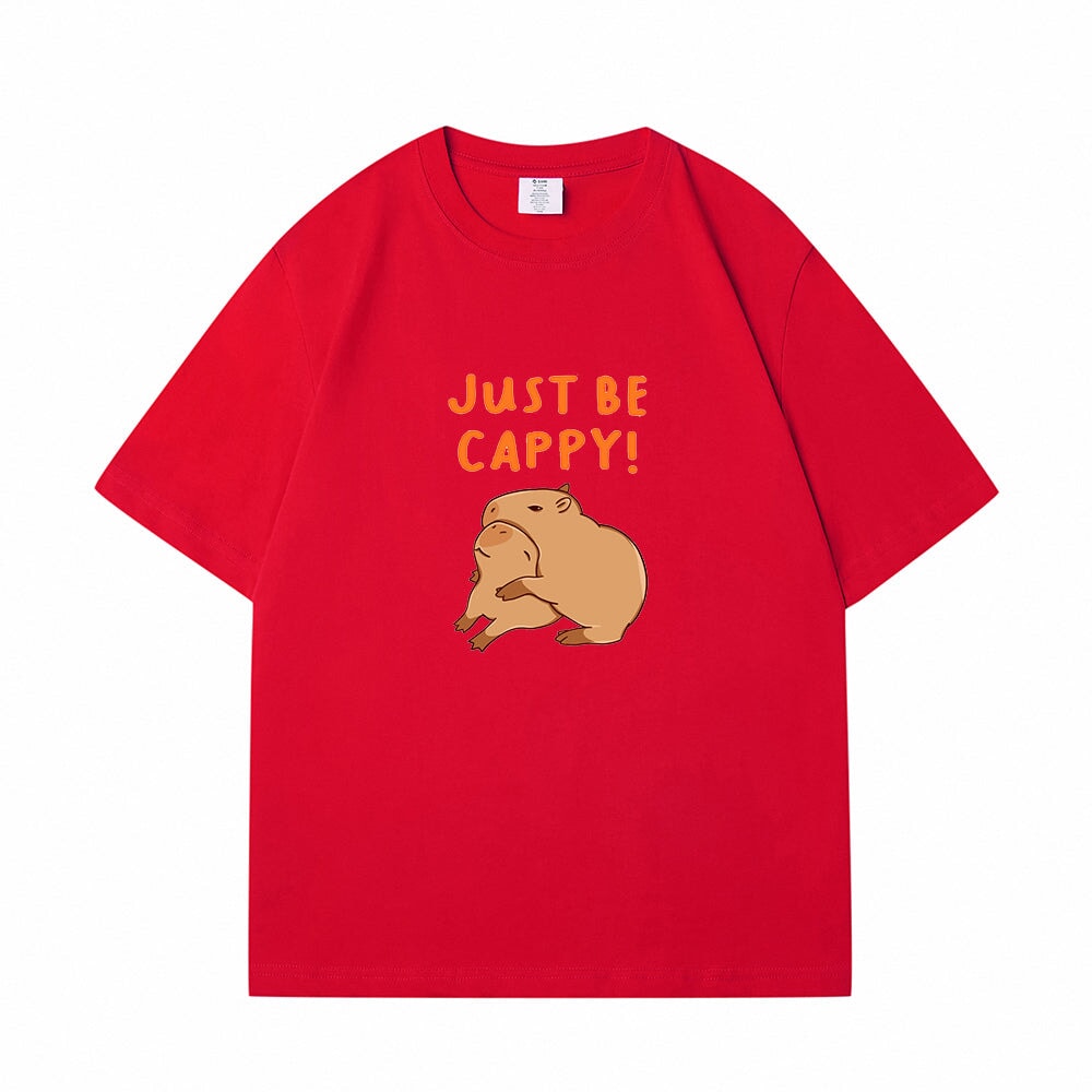 kawaiies-softtoys-plushies-kawaii-plush-Kawaii Two Capybara 'Just Be Cappy!' Unisex Cotton Tee Top | NEW Apparel Red S