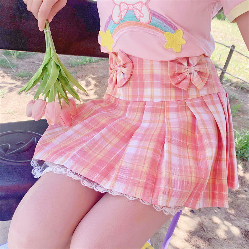 Pink Plaid Pleated Short Korean Fashion Skirt with Lace Bow