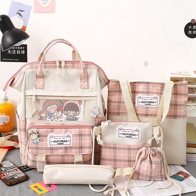 kawaiies-softtoys-plushies-kawaii-plush-Set of 5 Kawaii Plaid Backpack Bag Collection Bag Pink
