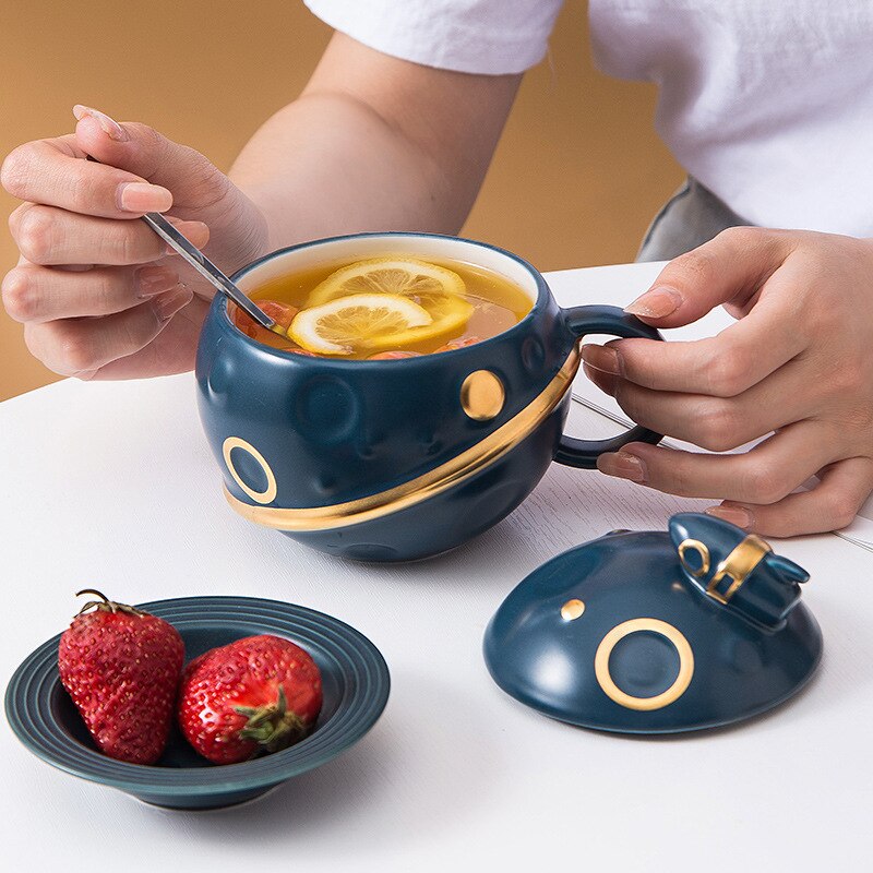 Space Astronaut Planet Ceramic Mug With Lid and Spoon - Kawaiies - Adorable - Cute - Plushies - Plush - Kawaii