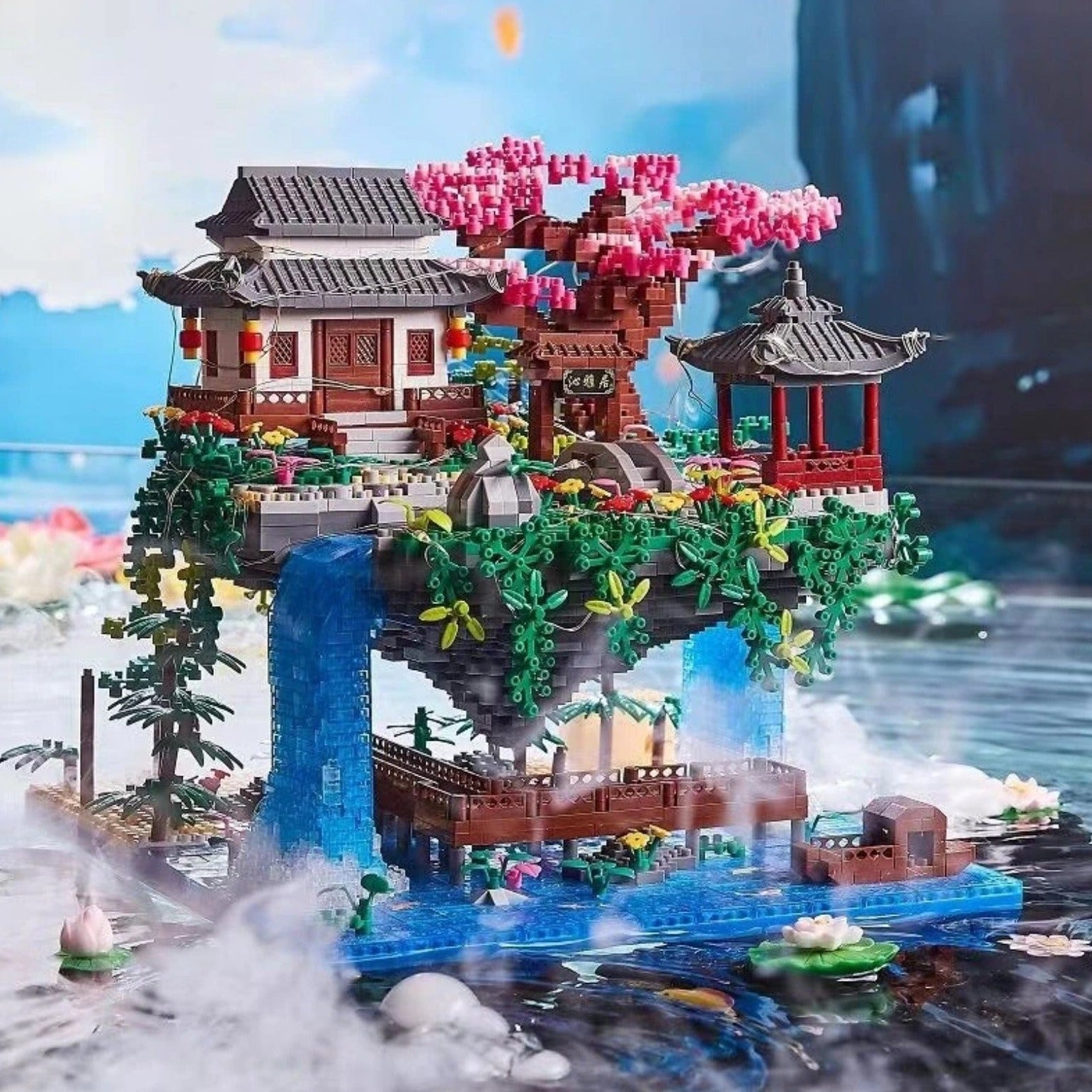 Waterfall Japanese House Sakura Tree Floating Island Nano Building