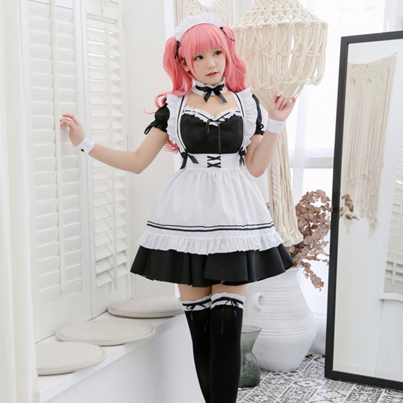 White Black Striped Lolita Maid Cosplay Women's Dress – Kawaiies