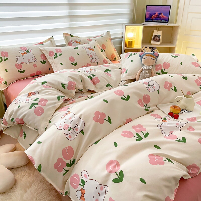 kawaiies-softtoys-plushies-kawaii-plush-White Bunny Peach Flower Bedding Set Home Decor