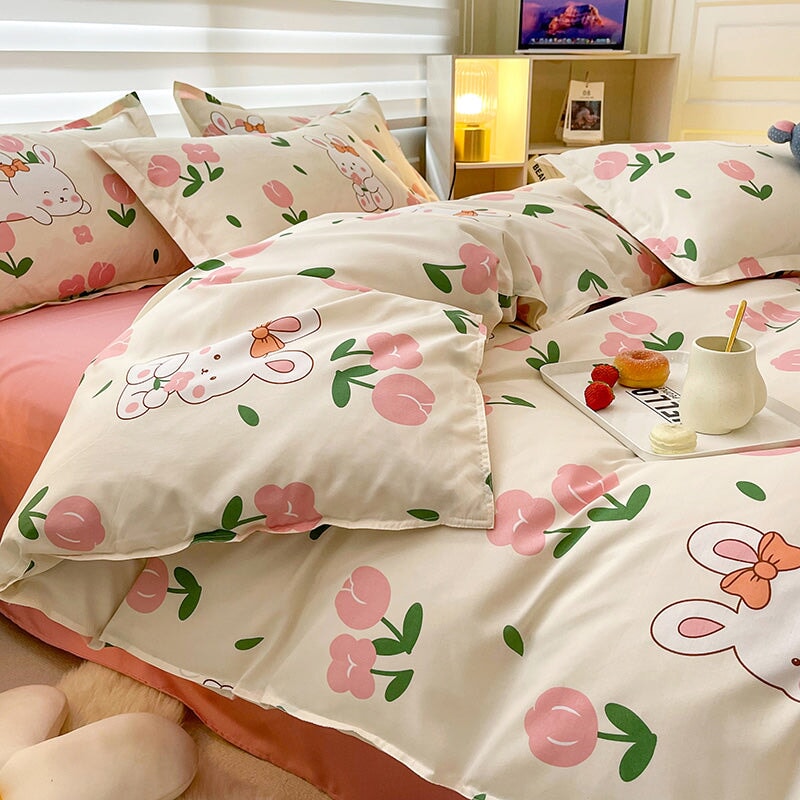 kawaiies-softtoys-plushies-kawaii-plush-White Bunny Peach Flower Bedding Set Home Decor