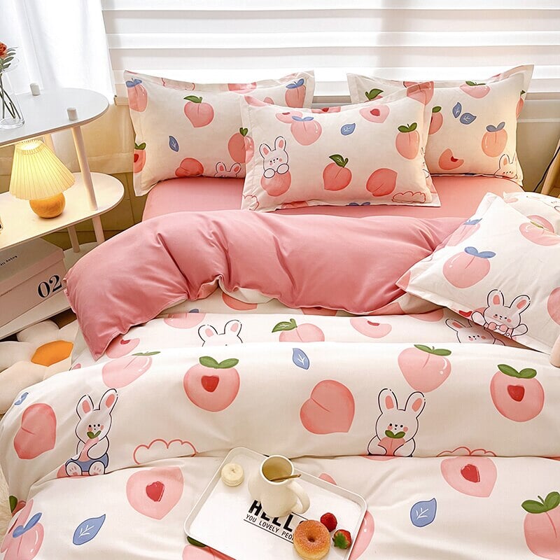 kawaiies-softtoys-plushies-kawaii-plush-White Bunny Peach Flower Bedding Set Home Decor