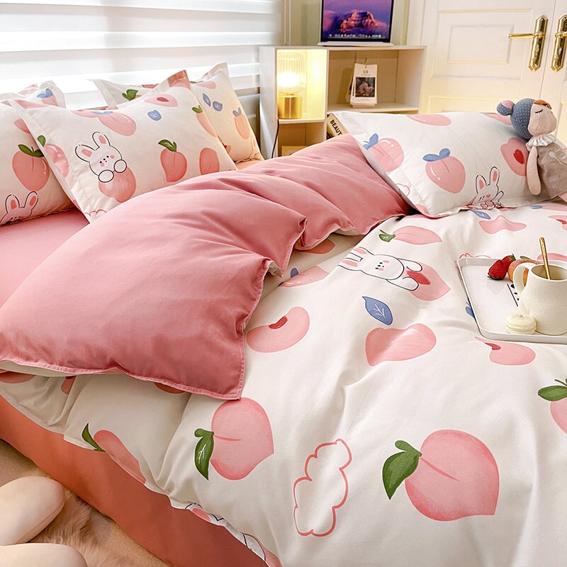 kawaiies-softtoys-plushies-kawaii-plush-White Bunny Peach Flower Bedding Set Home Decor
