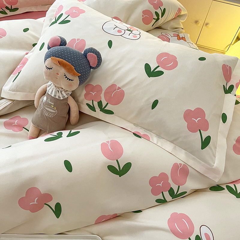 kawaiies-softtoys-plushies-kawaii-plush-White Bunny Peach Flower Bedding Set Home Decor