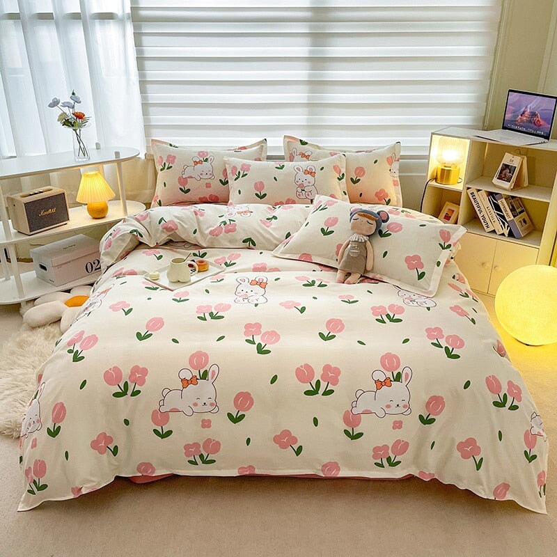 kawaiies-softtoys-plushies-kawaii-plush-White Bunny Peach Flower Bedding Set Home Decor Flower Single