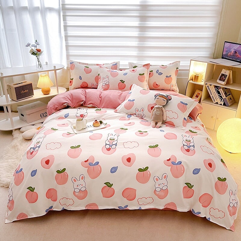 kawaiies-softtoys-plushies-kawaii-plush-White Bunny Peach Flower Bedding Set Home Decor Peach Single