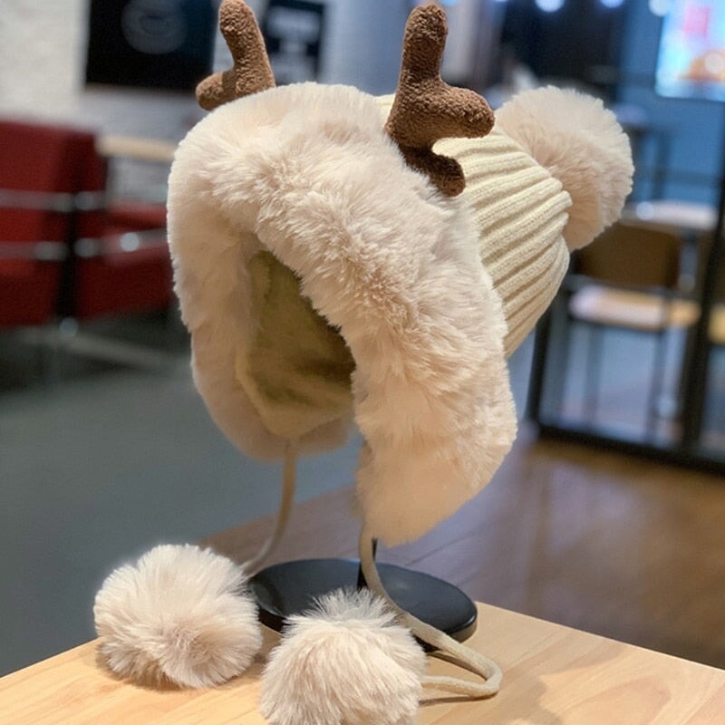 Winter Faux Fur Reindeer Beanie Hat - Kawaiies - Adorable - Cute - Plushies - Plush - Kawaii
