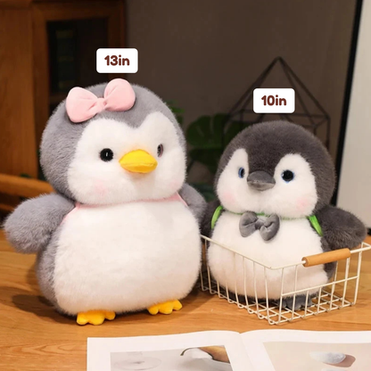 Fluffy Gray Penguin Plushie with Turtle Backpack