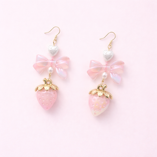 Pastel Strawberry Cottagecore Bow Earrings