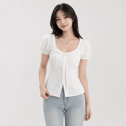 Kawaiies Collection - Apparel - Cottagecore Puff Sleeve Tie Front Women's Blouse