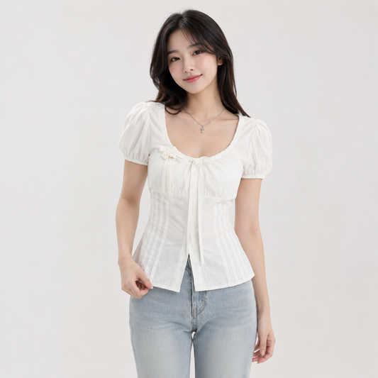 Cottagecore Puff Sleeve Tie Front Women's Blouse