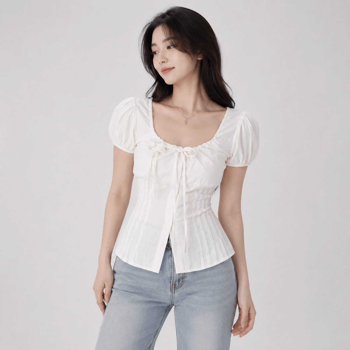 Kawaiies Collection - Apparel - Cottagecore Puff Sleeve Tie Front Women's Blouse