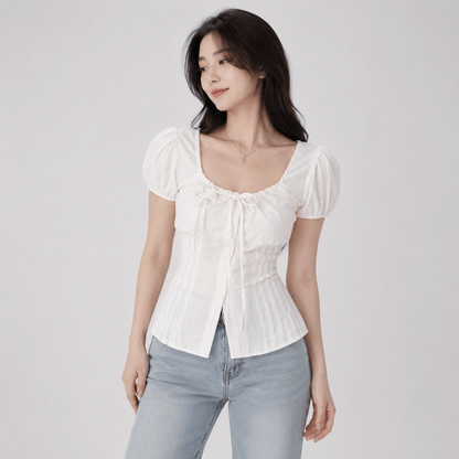 Kawaiies Collection - Apparel - Cottagecore Puff Sleeve Tie Front Women's Blouse