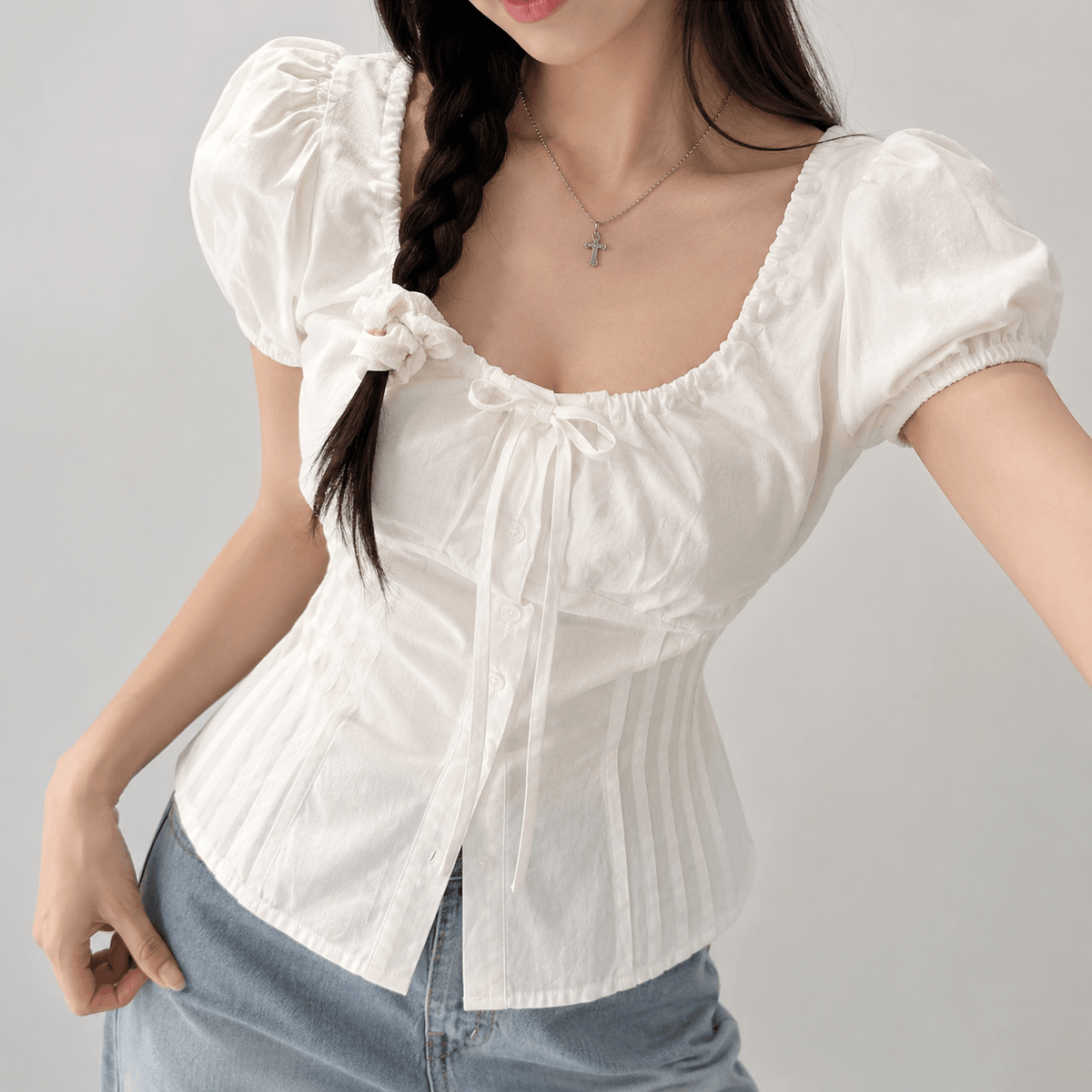 Kawaiies Collection - Apparel - Cottagecore Puff Sleeve Tie Front Women's Blouse