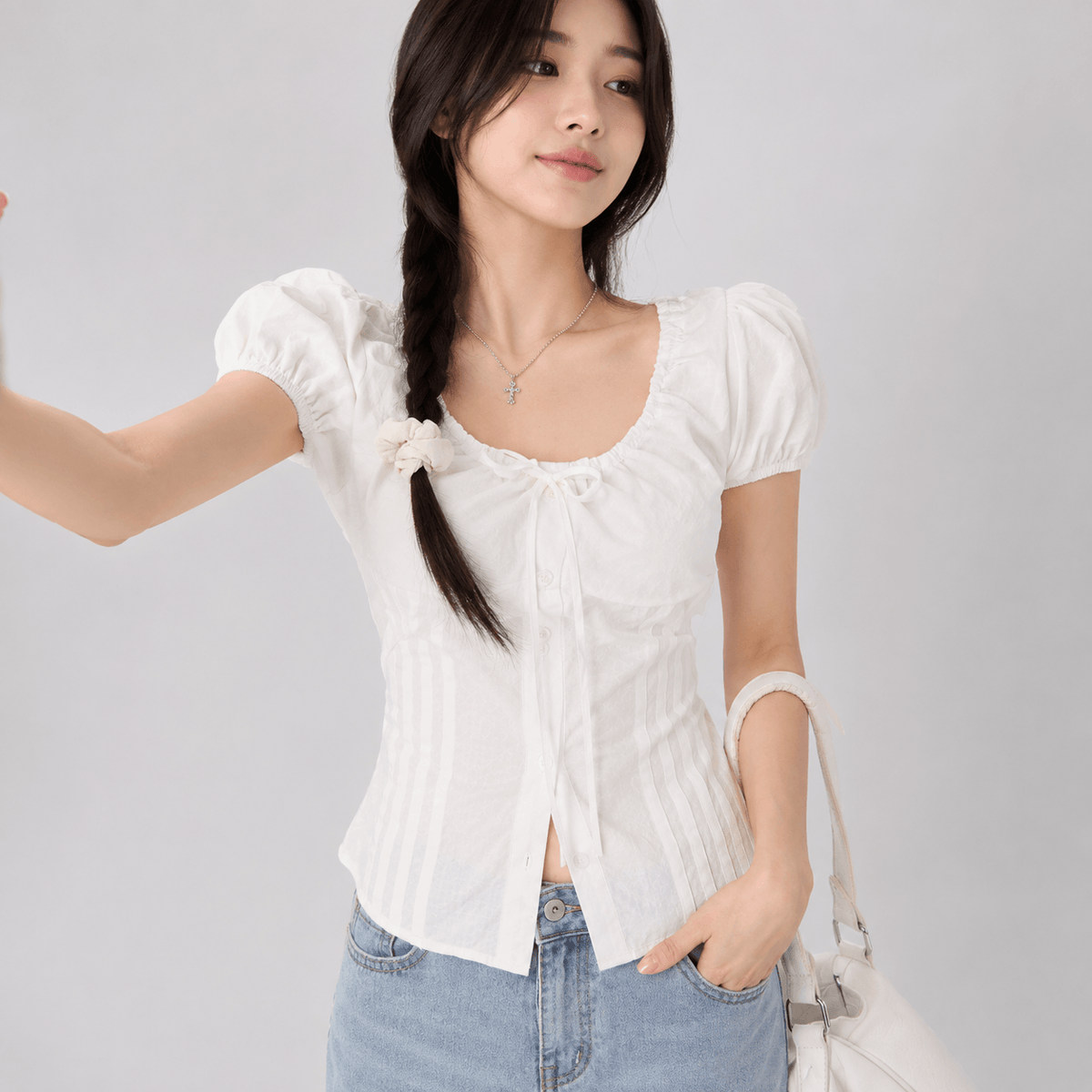 Kawaiies Collection - Apparel - Cottagecore Puff Sleeve Tie Front Women's Blouse