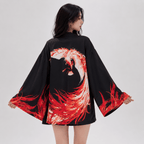 Kawaiies Collection - Kimono - Flaming Red Phoenix Black White Women's Kimono Cardigan
