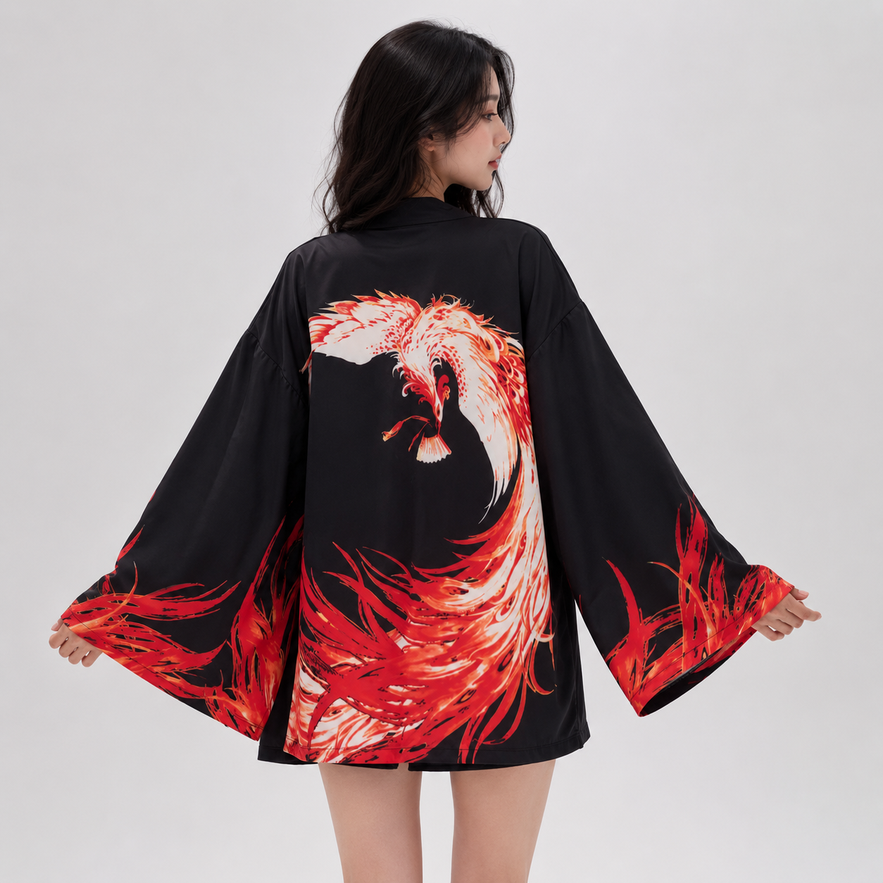 Flaming Red Phoenix Black White Women's Kimono Cardigan