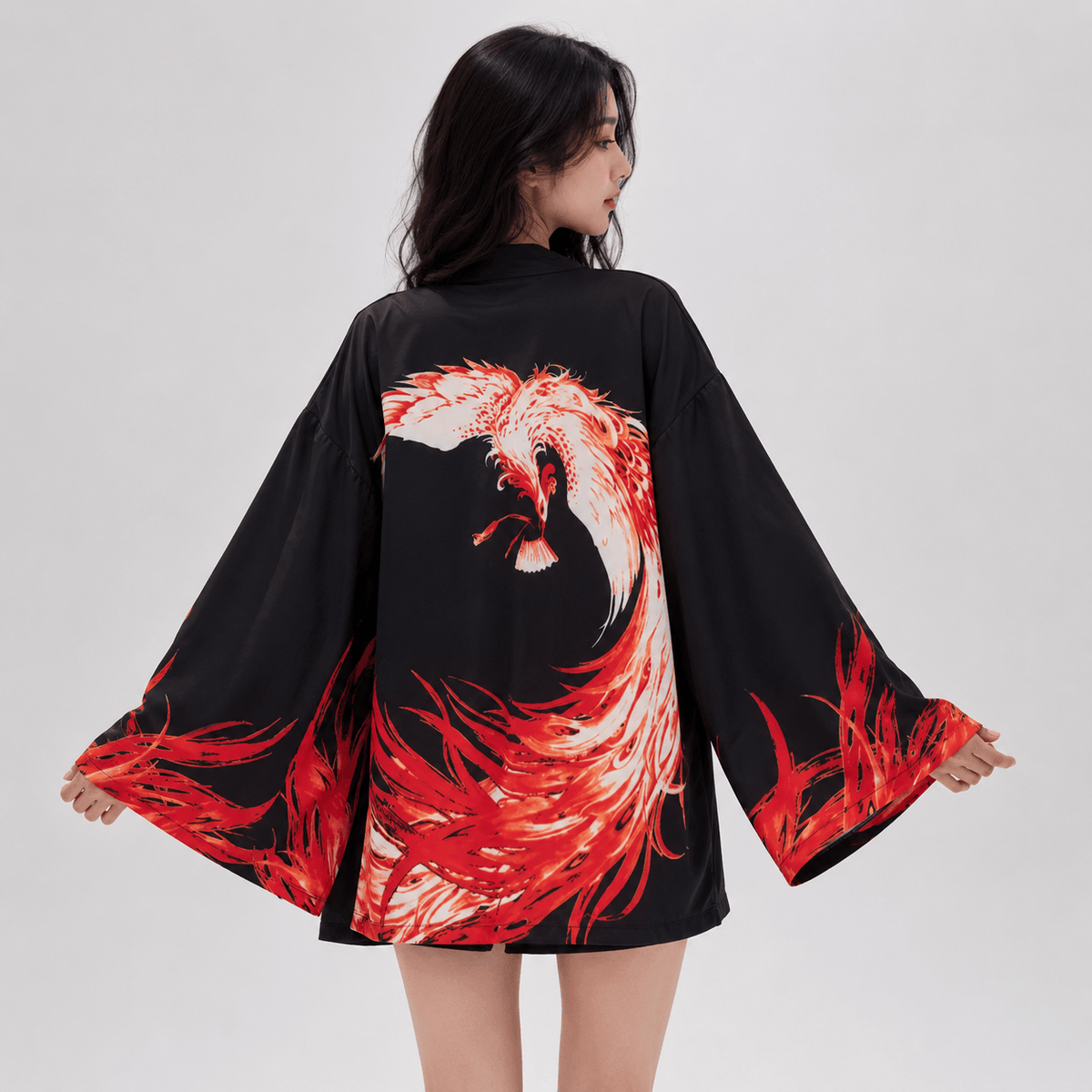 Kawaiies Collection - Kimono - Flaming Red Phoenix Black White Women's Kimono Cardigan