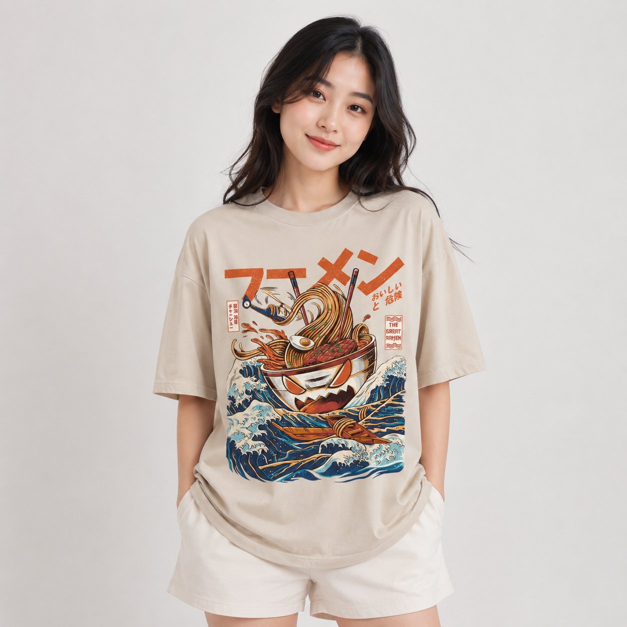 Japanese-theme Flaming Hot Noodles Great Waves Unisex Tee